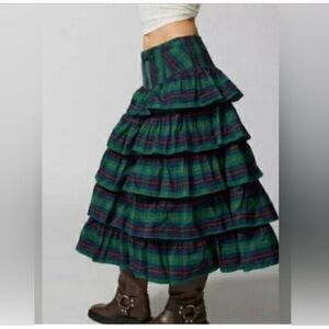 Urban Outfitters Rainee Green blue Plaid tiered layered Midi‎ Skirt size small